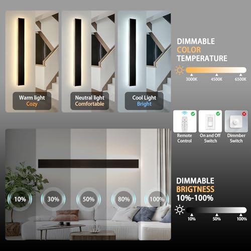 Image of 39.3in 2pcs Modern Outdoor Wall Light for House,AioTio Black Upgraded 4.72in Wide Dimmable Waterproof IP65 Porch Lights Wall Sconce,Long LED Linear Outside Exterior Lighting Fixtures for Garage,Patio