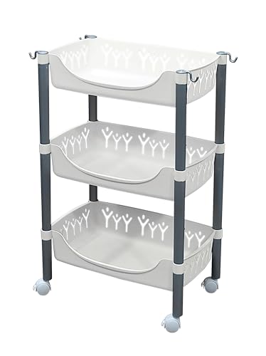 Image of Lukzer 3 Tier Plastic Rolling Cart Trolley Stand Multipurpose Fruits & Vegetable Storage Basket Rack with Wheels Slim Space-Saving Organizer for Kitchen Home Bathroom Office-White 115x30x41.5cm CH-137