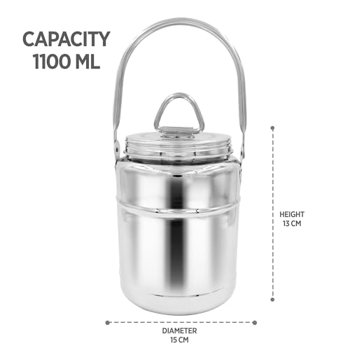 Image of Dhara Stainless Steel 1100 ml Dolchi Oil & Milk Container with Lid, Jointless One Piece Storage Pot with Screw Lid and Handle