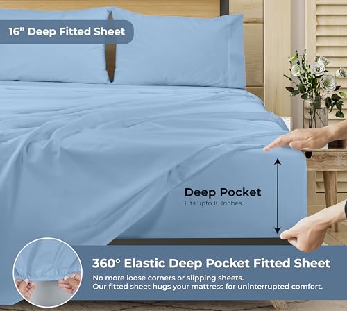 Image of ROYALE LINENS 100% Organic Cotton Full Sheet Set - Percale Weave - 4 Pieces Set - 1 Flat, 1 Deep Pocket Fitted Sheet and 2 Pillowcases - Lake Blue Bed Sheets - Sabanas Full - Crisp Cool (Lake Blue)