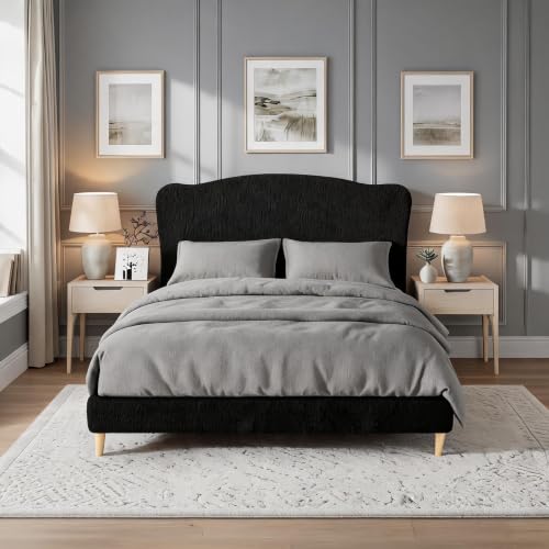 Image of GarveeHome Queen Size Bed Frame with Upholstered Headboard, Soft Low Profile Sturdy Platform Bed with Rounded Corners Design, Heavy Duty, Wooden Slats, Noise Free, No Box Spring Needed, Black