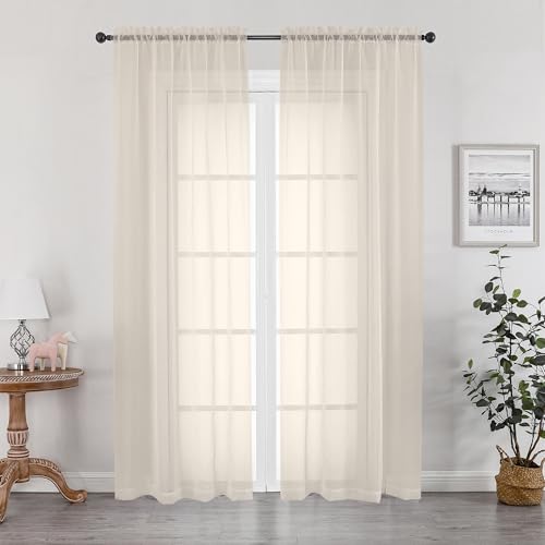 Image of OWENIE Cream Sheer Curtain 96 Inch Long 2 Panels Set, Light Filtering Clear Rod Pocket Soft Sheer Curtain 95 for Bedroom /Living Room, 2Pcs, Each 42 inch W x 96 inch L, Cream