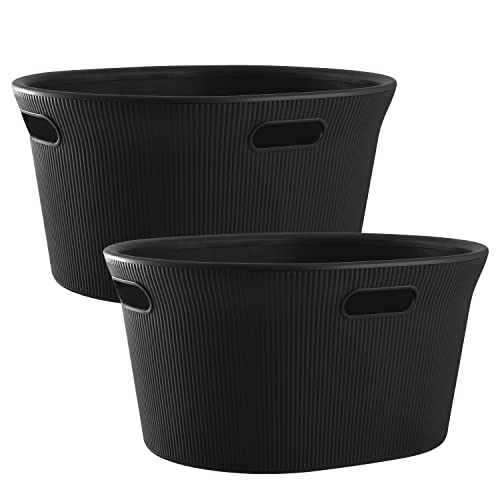 Image of Superio Ribbed Collection - Decorative Plastic Laundry Basket with Cut-Out Handles, Brown (2 Pack) Hamper Organzier for Bedroom Bathroom College Dorm Room 35 Liter