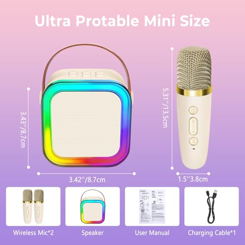 Mini Karaoke Machine for Kids Adults, UZSOMX Portable Bluetooth Speakers and 2 Wireless Microphones Song Toys with LED Light, Chritmas Birthday Toys Gifts for Girls Boys Toddler Teens (Beige 2 Mic)