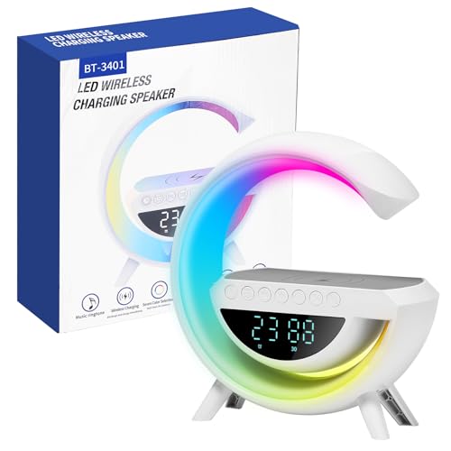 LAWYUAN Smart Alarm Clock with Wireless Charging 9.45 RGB Night Light Table Lamp Bluetooth Speaker Sound Machine Sunrise Wake Up Light Dimmable LED Lamp for Bedroom Home Office Dorm