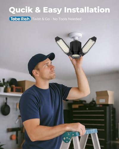 Image of toberich - LED Garage Light Bulbs, 2 Pack 8000LM with 3+1 Deformable Panels, 6500K Screw-in Ceiling Lights for Garage, Workshop, Workbench, Basement