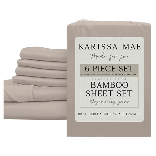 Image of KARISSA MAE 6 Piece Luxury Bamboo Viscose King Sheet Set, 4 Pillowcases | FSC Certified | Cooling | Ultra Soft | 18 inch Deep Pockets | Elastic Corner Straps | Includes Organizer Band [Dune]