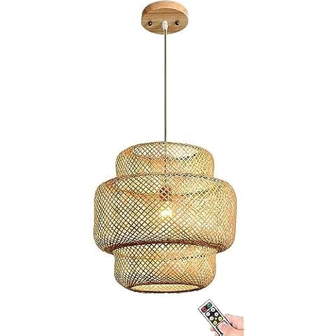 16'' Battery Operated Bamboo Pendant Light Fixture with Remote,Non Hardwired Hanging Ceiling Light,Hand Woven Rattan Pendant Lighting Wireless Timer Large Chandelier for Kitchen Island Dining Room Cover