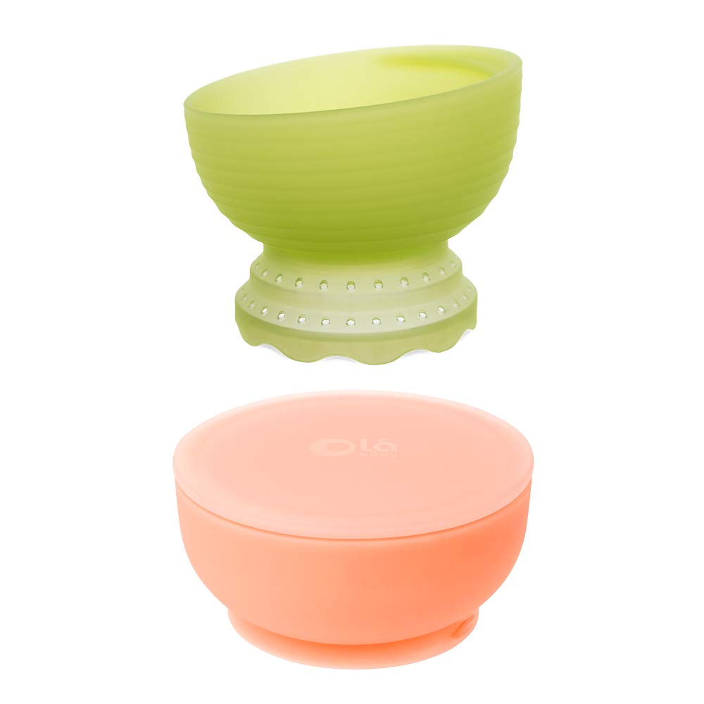 Olababy100% Silicone Steam Bowl and Suction Bowl with Lid(Coral) Bundle for Independent Feeding Baby and Toddler
