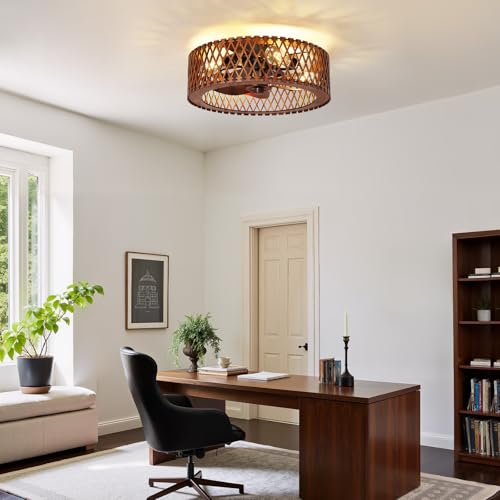 Image of 20 inch Farmhouse Flush Mount Ceiling Fan with Light, Low Profile Wooden Fandelier Ceiling Fan with Remote, 6 Speed Reversible Caged Ceiling Fans with Lights for Bedroom Kitchen Living Room