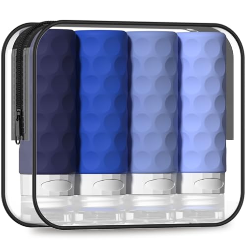 Image of Silevoler Travel Bottles for Toiletries, 4pcs Tsa Approved 3oz Travel Size Containers, BPA Free Leak Proof Premium Silicone Bottles, Refillable Liquid Squeezable Accessories W /Toiletry Bag (Blue)