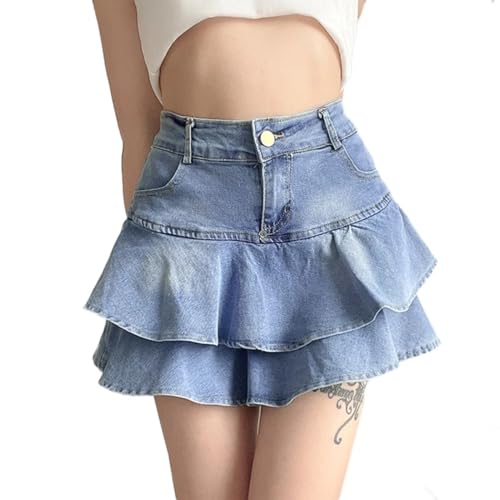 Women Summer High-Waist A-Line Mini Cake Jeans Skirt Vintage Washed Pleated Ruffles Layered Casual Slim Streetwear2