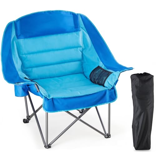 DUMOS Oversized Camping Chair for Adults - 450lbs Heavy Duty Folding Chair with Cup Holder & Side Pockets, Portable Chair for Camping, Fishing, Hiking, Picnic, Blue