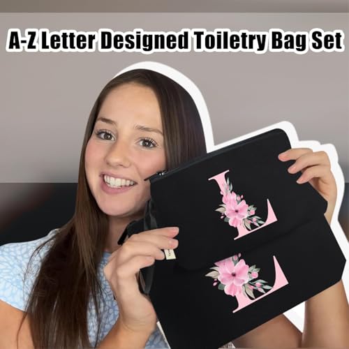Image of Vavabox A-Z Personalized Makeup Bag, Birthday Gifts for Women Mom, Gifts for Best Friend, Bride Bridesmaid Cosmetic bag (L, 04-Black Set)
