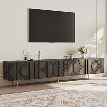 POVISON 94 Smoky Black Fully Assembled TV Stand with Storage, Mid Century Modern TV Stand, Entertainment Center for Living Room, Wood Media Console TV Cabinet for 85 Inch TV, Metal Legs