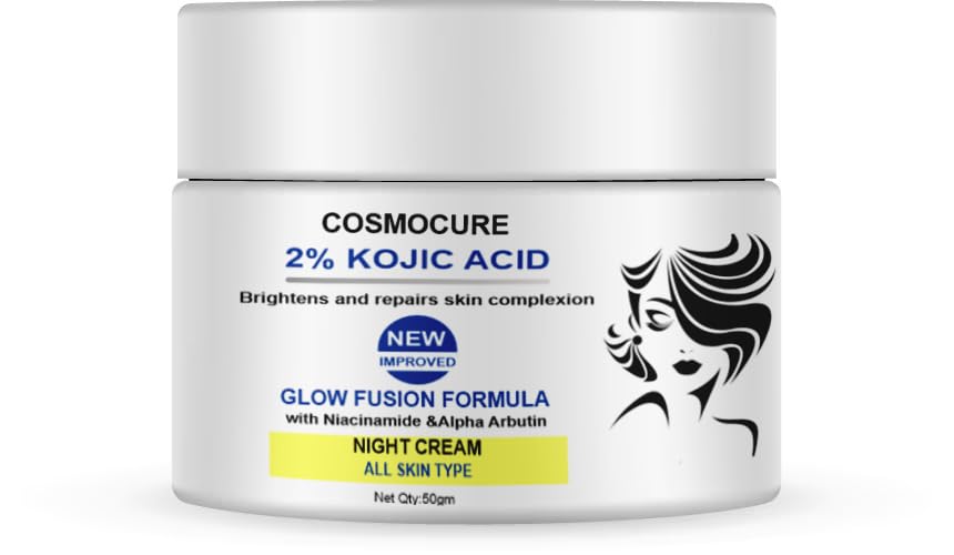 Image of Cosmocure 2% Kojic Acid Glow Night Cream with Niacinamide & Alpha Arbutin for Skin Brightening (50ml) | Face Cream I Night Cream I Kojic Acid Brightening Cream I Glowing Skin | Jar