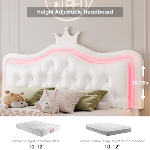 Queen Upholstered LED Bed Frame with Storage Drawer, Crystal Tufted Headboard, White