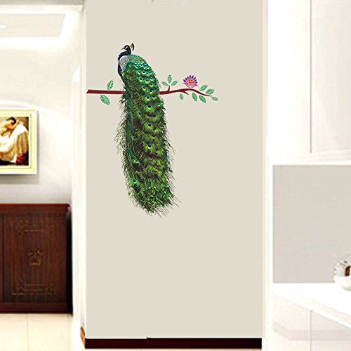BIBITIME Flower Tree Branch Perched Beautiful Peacock Wall Decal for Living Room Porch Door Entrance Nursery Bedroom Kids Room Decor Home Art Animal Vinyl Sticker