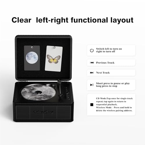 Image of CD Player with Bluetooth Speaker, High-Fidelity Sound, App-Controlled, Magnetic Display for Photos & Pins, Retro Desktop Music Player, Gift for Music Lovers (Black)