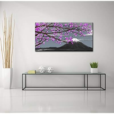 LoveHouse Purple Tree Wall Art Painting Blossom Cherry Flower with Mt Fuji Japan Landscape Picture Art Prints for Bedroom Living Room Office Room Decor Stretched Framed Ready to Hang 24x48 inches