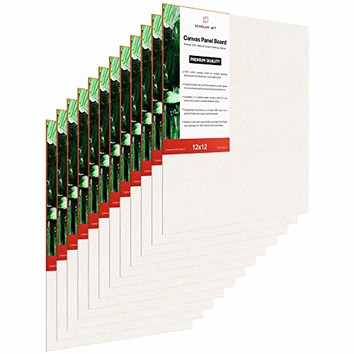 Image of Scholar Art Hobby Series 04 Oz (230 GSM) 100% Cotton Canvas Panel Board for Painting (White Blank Canvas Boards for Acrylic Paint, Oil Paint, Wet & Dry Media) | 12 inchx12 inch (30x30 cm), Pack of 12