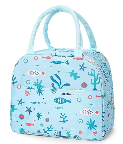 Image of AOXITOLarge Insulated Lunch Bag for Office Men, Women, Kids School, Travel Tiffin Bag Pouch, Hot & Cold Lunch Box Bags for Boys, and Girls (Blue Leaf) (Sky Blue) Polyester, 10 Liters