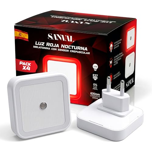 SANVAL Luz Nocturna Infantil con Sensor Crepuscular Automático con Bajo Consumo - Luz Roja Nocturna Melatonina con Encendido y Apagado Inteligente - Luz Quitamiedos Infantil para Dormitorio, Pasillo.