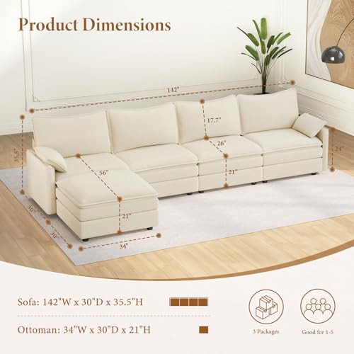 Image of Vesgantti Comfy Cloud Couch Sectional Modular Sofa, Deep Seat Sectional Couch with Ottoman in Chenille, L-Shape Modular Couches for Living Room, Bedroom and Apartment, Beige