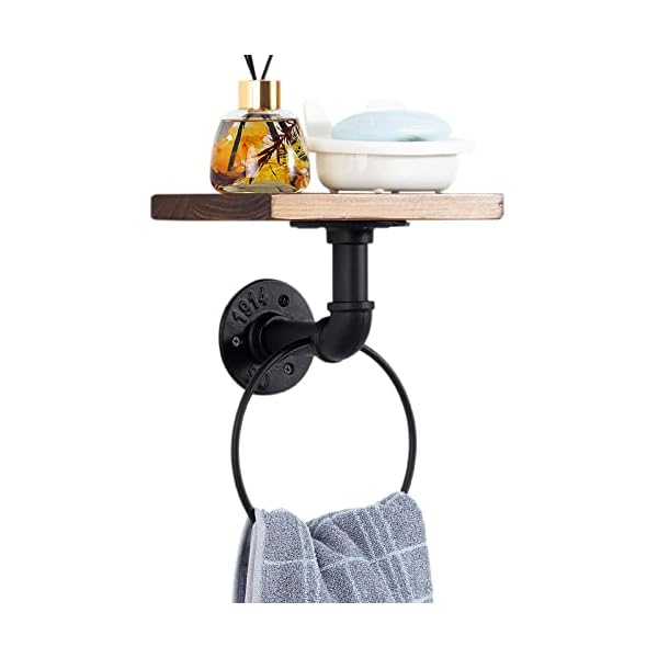 Towel Ring Towel Rack Modern Towel Holder with Wooden Shelf Rustic Hand Towel Ring Wall Mount Heavy Duty Bath Towel Rack for Bathroom Black