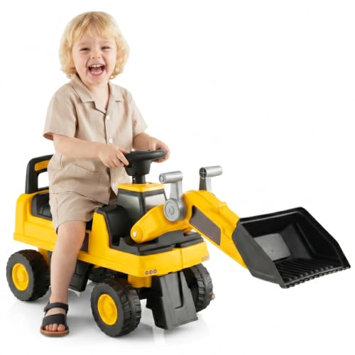 Licensed Ride on Digger Toddler Excavator with Digging Bucket Under Seat Storage Foot to Floor Walker Sliding Truck Construction Vehicle Toy Gift for Kids