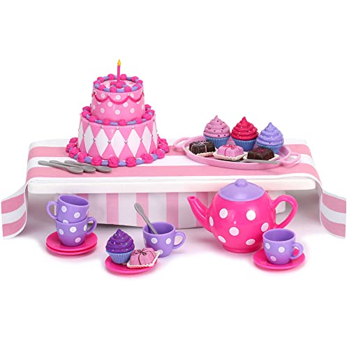 Sophia's Complete Cake & Tea Party Accessories Set With Teapot, Teacups, Utensils, Pretend Dessert And Drinks For 18" Dolls, Pink/Purple #TOP1