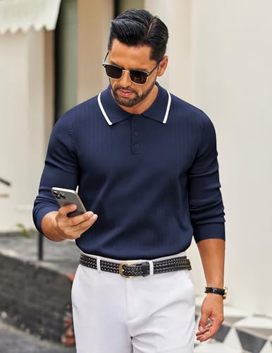 COOFANDY Men's Knit Polo Sweater Casual Long Sleeve Polo Sweater Lightweight Button Down Golf Pullover Sweaters4