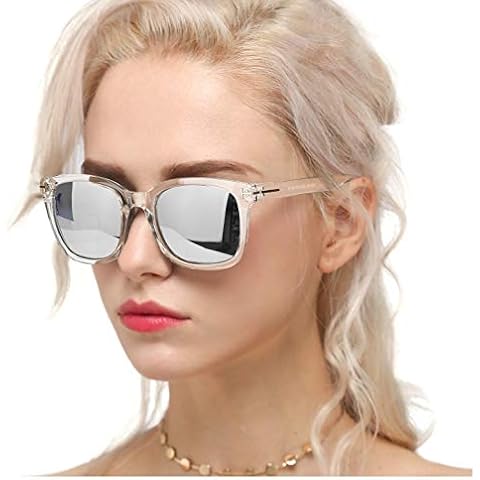 Myiaur Fashion Sunglasses for Women Polarized Driving Anti Glare UV400 Protection Stylish Design, A3 Transparent Frame/Silver Mirrored Polarized Lens, M Cover