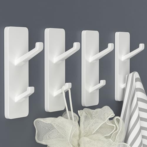 White Self Adhesive Hooks for Hanging - Stick on Hook Heavy Duty Safely Holds 6kg, Metal Wall Hanger for Coats, Towel, Purse, Hat, Keys - for Door, Dorm, Bathroom, Kitchen, Shower, Closet, 4 Pack