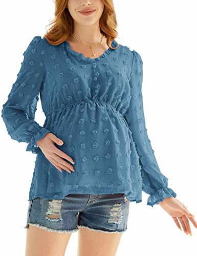 Maternity Swiss Dots Fall Tops Chiffon Blouses Ruffle Solid Loose Work Shirts Grey Blue S #TOP2