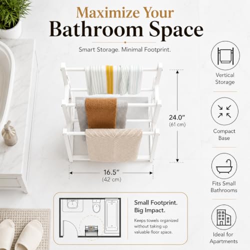 Image of Towel Rack Stand for Bathroom | 3-Tier Metal Towel Holder | Rust Resistant Powder-Coated Steel | Space Saving Towel Drying Stand for Bath Towels, Hand Towels & Blankets | White