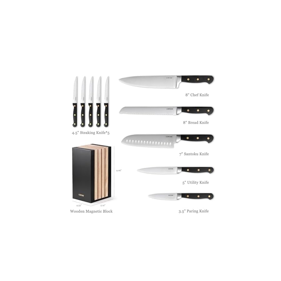 CAROTE-11PCS-Knife-Set-with-Block-for-kitchen-Stainless-Steel-Razor-Sharp-Blade-Triple-Riveted-Ergonomic-HandleEssential-Knife-Set-Black CAROTE 11PCS Knife Set with Block for kitchen, Stainless Steel Razor-Sharp Blade, Triple Riveted Ergonomic Handle,Essential Knife Set, Black