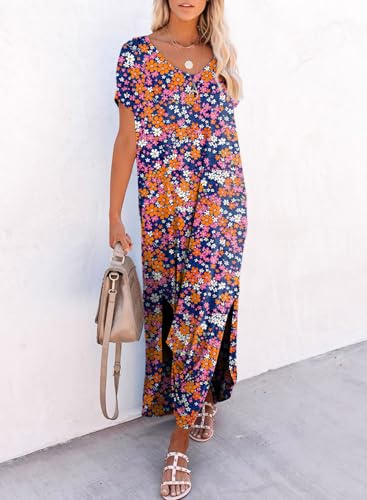 Image of Dokotoo Summer Dresses for Women 2026 Casual Maxi Dress V Neck Cap Sleeve Long Sundress with Pockets Beach Vacation