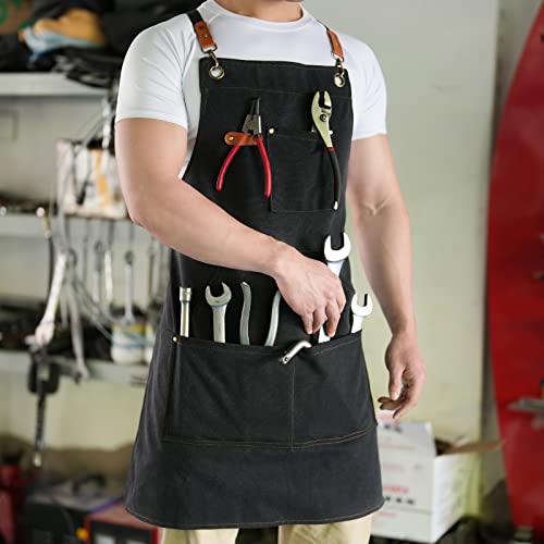 Aoomzoon Canvas Aprons For Men Chef Apron, Work Apron With Large Pockets - Durable 16Oz Heavy Duty Cross Back, Bbq, Cooking (Black②, 1 Pack) #TOP3