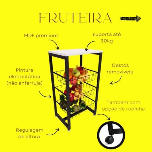 Fruteira De Chão Para Cozinha Preto (Tampo Amêndoa)