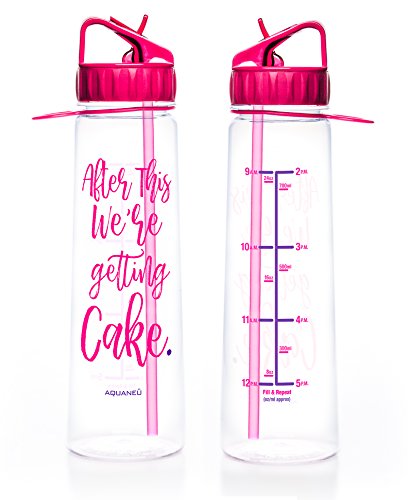 AQUANEÜ 30oz Inspirational Fitness Workout Sports Water Bottle with Time Marker | Measurements | Goal Marked Times for Measuring Your H2O Intake, BPA Free Non-Toxic Tritan 30 oz (Cake Fuchsia)