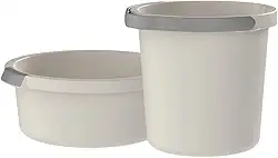 Kit Limpeza e Lavanderia com Bacia de Roupas 5 Litros e Balde d'Água 8,5 Litros com Alça Ergonômica e Bico Direcionador (Bege)