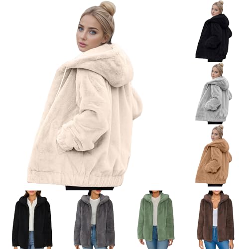 Fleece Jacket Women Fleece Jacket Women UK Casual Winter Warm Coats Full Zip Solid Teddy Hoodie with Pockets Ladies Fuzzy Sherpa Outwear Long Hooded Trench Coat Womens