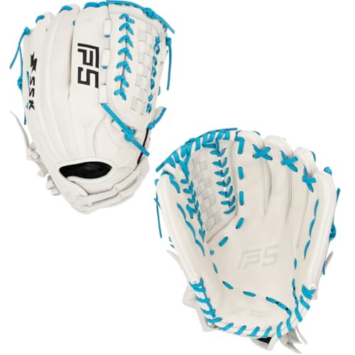 SSK FP5 Fastpitch Softball Glove – Infield - Outfield - Pitcher – 11.5”-11.75”-12”-12.25”-12.5”-12.75”-13”– Right & Left Hand Throw (White/Electric Blue-Laced Basket Web, 12.5" - Right Hand Throw)