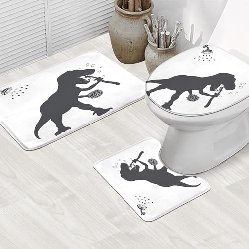 Image of 4PCS Dinosaur 71Wx71H Inches Funny Animal Dino Silhouette Shadow Kids Shower Curtain Sets with Rugs,Toilet Lid Cover and Bath Mat,for Boys Bath Accessories Art Home Decor Fabric 12 Pack Hooks