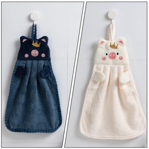 Toallas de mano de coral fleece súper absorbentes con bordado de cerdito y lazo para colgar, 4 ud 7