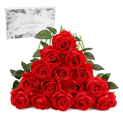 FLORRALIA Red Fake Roses Artificial Flowers - 16 Pcs Fake Artificial Roses Silk Flowers with Stems for Home Wedding Hotel Office Centerpiece Decor