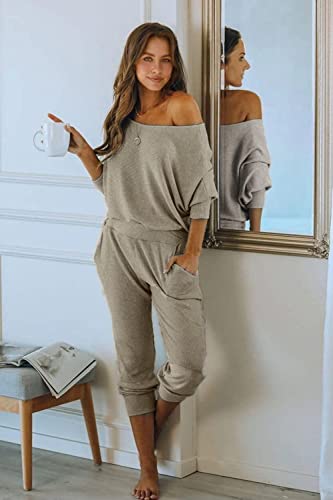 Prettygarden Women's 2 Piece Ribbed Tracksuit Outfits Off Shoulder Long Sleeve Pullover Long Pants With Pockets (Grey,Large) #TOP1