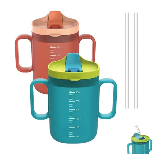 HUAXITRA 2 Pack Elderly Spill Proof Cups Adult Sippy Cup 300ML Unspillable Cup with 2 Handles Elderly Drinking Cup with Lid and Straw Feeding Cup for Seniors Disabled Patients (Blue + Orange)
