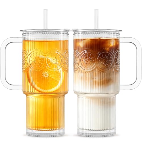 INSETLAN Vasos de vidrio de 767.1 g con asa y tapa, juego de 2 tazas de café helado transparente con popote, vasos reutilizables para agua, batidos, té, jugo, perfectos para viajes y uso diario